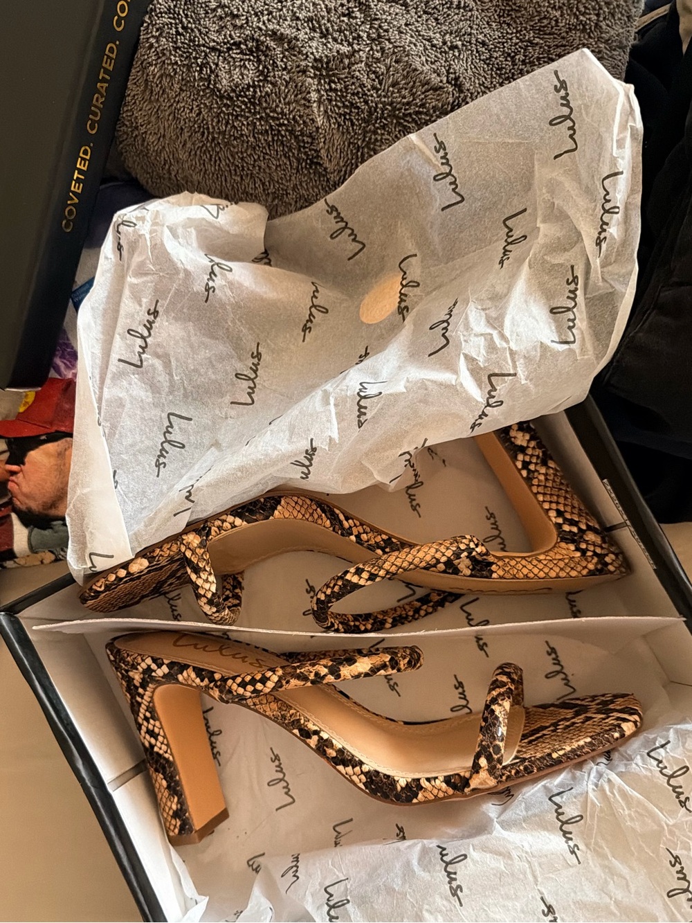 Lulus Xenya Tan Multi Snake Print Square Toe‎ High Heel Sandals 7.5 NIB